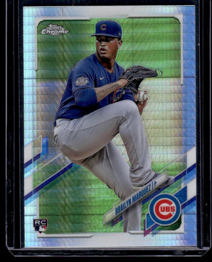 Brailyn Marquez pitching in blue uniform on 2021 Topps Chrome Baseball Card