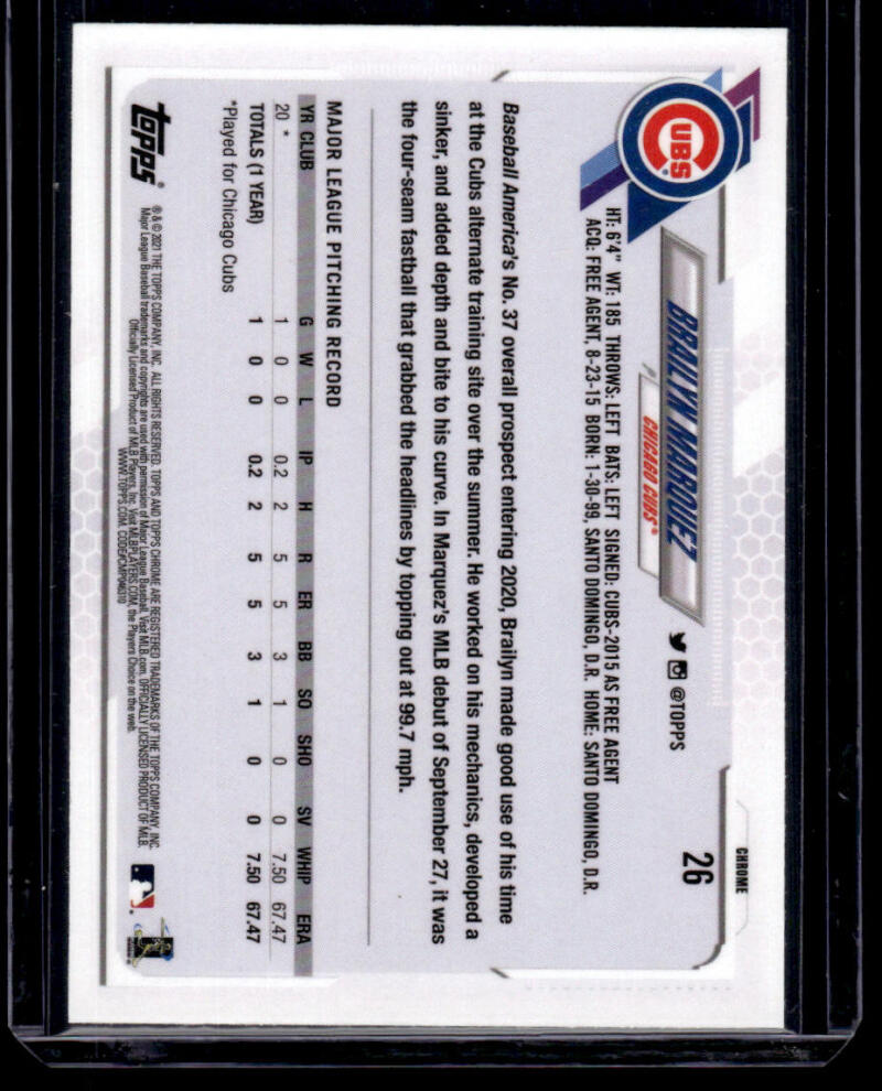 Back of 2021 Topps Chrome Brailyn Marquez baseball card with statistics and info