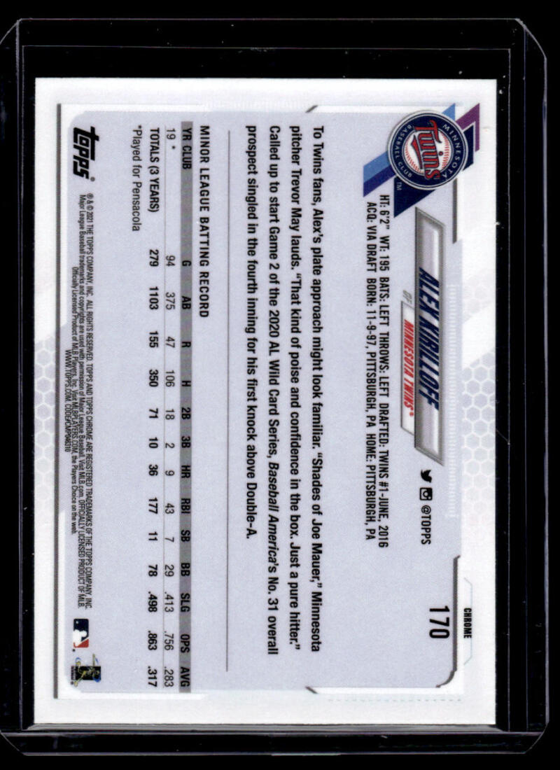 Back of 2021 Topps Chrome Refractor Prism #170 Alex Kirilloff Minnesota Twins card stats