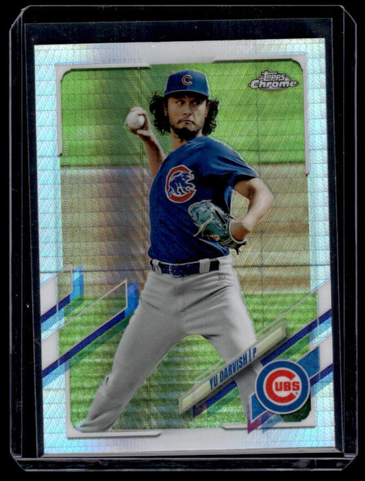 Chrome Refractor Prism baseball card featuring Chicago Cubs pitcher Yu Darvish in action