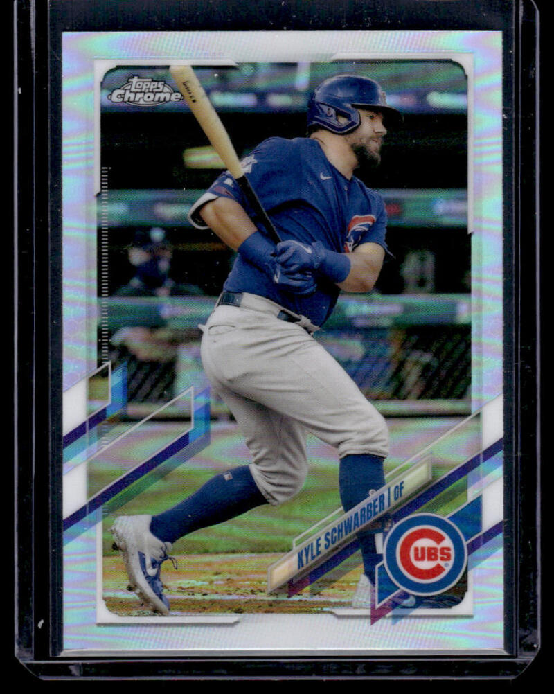 2021 Topps Chrome Refractor featuring Kyle Schwarber in blue Chicago Cubs uniform at bat