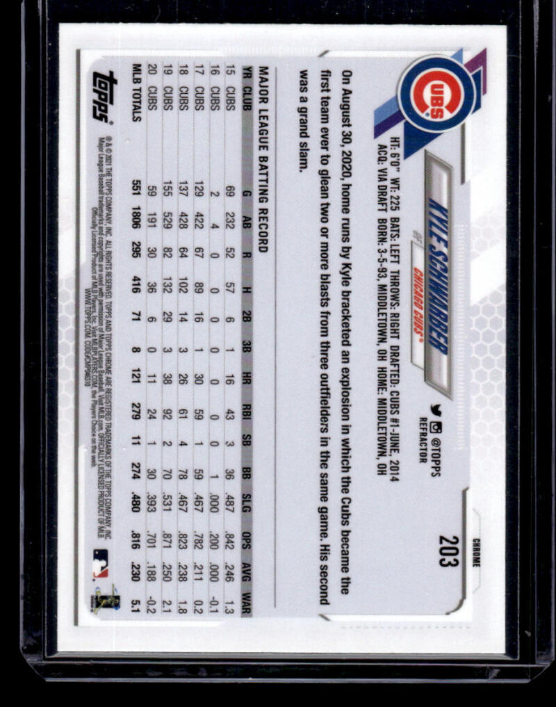 Back side of a Topps Chrome Refractor card featuring Cubs logo and player statistics