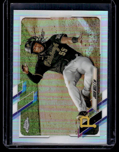 Baseball card of Josh Bell making a leaping catch for Pittsburgh Pirates Topps Chrome Refractor