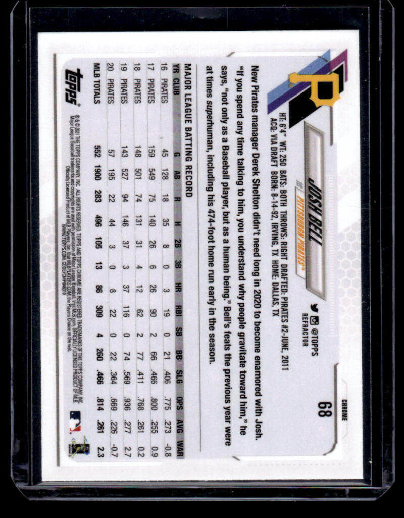 Back of 2021 Topps Chrome Refractor Josh Bell card with Pittsburgh Pirates stats