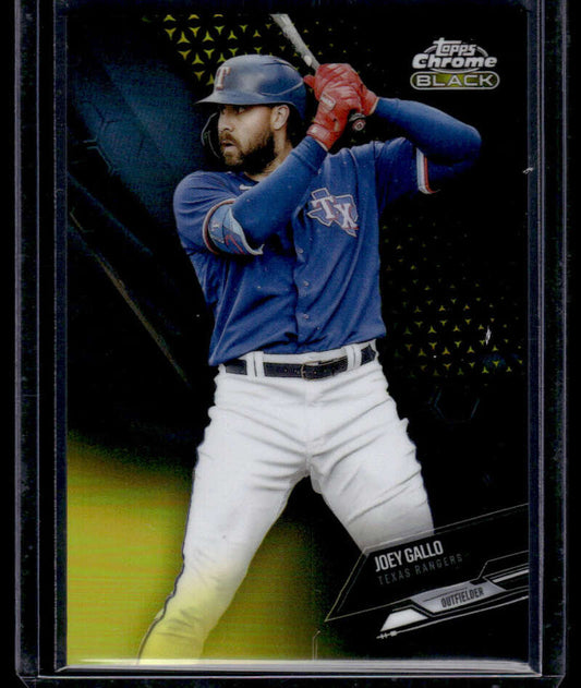 Baseball trading card of Joey Gallo in batting stance for Topps Chrome Black Texas Rangers