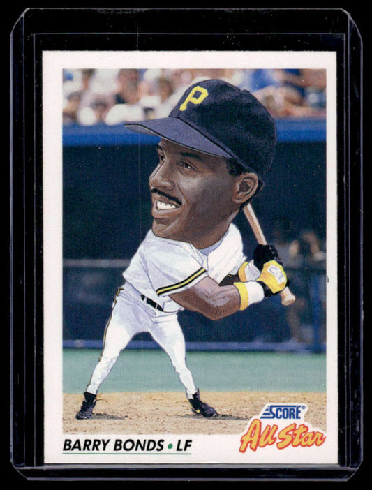 Baseball card of Barry Bonds swinging for the Pittsburgh Pirates in a white uniform