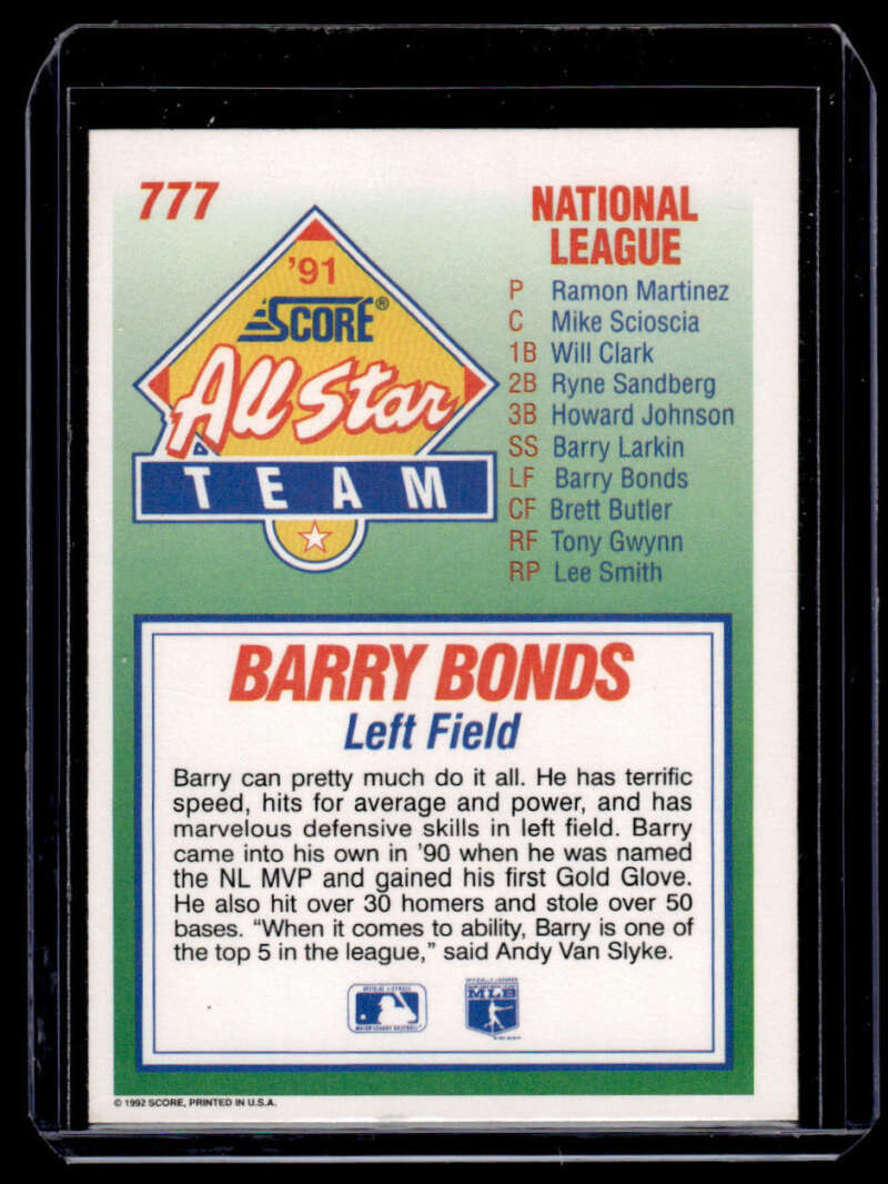 Baseball card of Barry Bonds from 1991 National League All-Star team featuring Pittsburgh Pirates