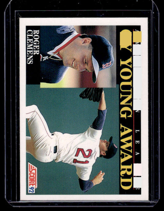 Baseball trading card of Roger Clemens in a Red Sox uniform making a leaping catch