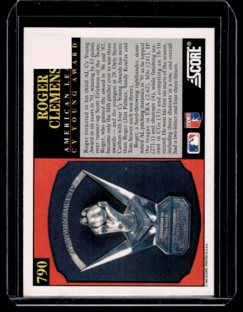 Baseball trading card of Roger Clemens with silver glove trophy on red backdrop