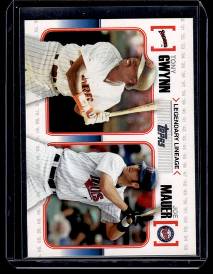 Baseball trading card featuring Tony Gwynn and Joe Mauer in action for Minnesota Twins