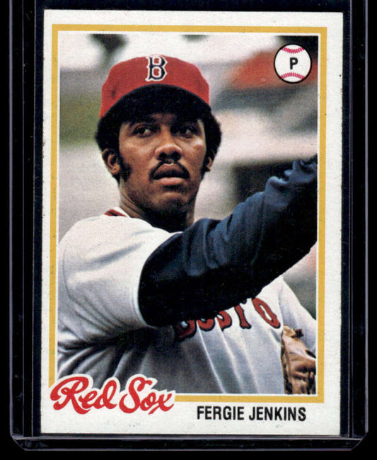 Baseball card of Fergie Jenkins in a Boston Red Sox uniform and red cap