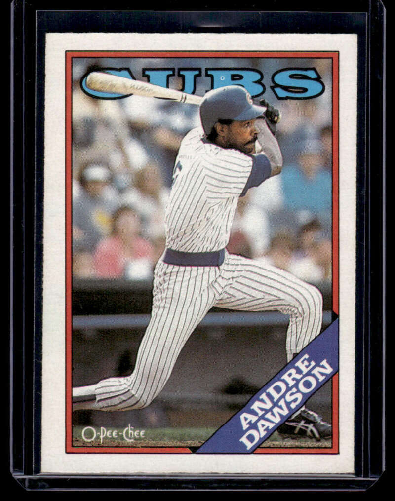 1988 O-Pee-Chee baseball card of Andre Dawson in Chicago Cubs pinstripe uniform at bat