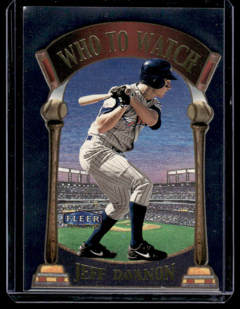 Baseball card of Jeff DaVanon at bat in pinstriped uniform, Fleer Tradition, Anaheim Angels