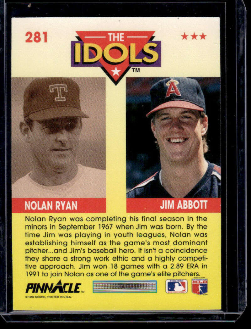 Baseball card featuring Jim Abbott and Nolan Ryan in team caps from the 1992 Pinnacle collection