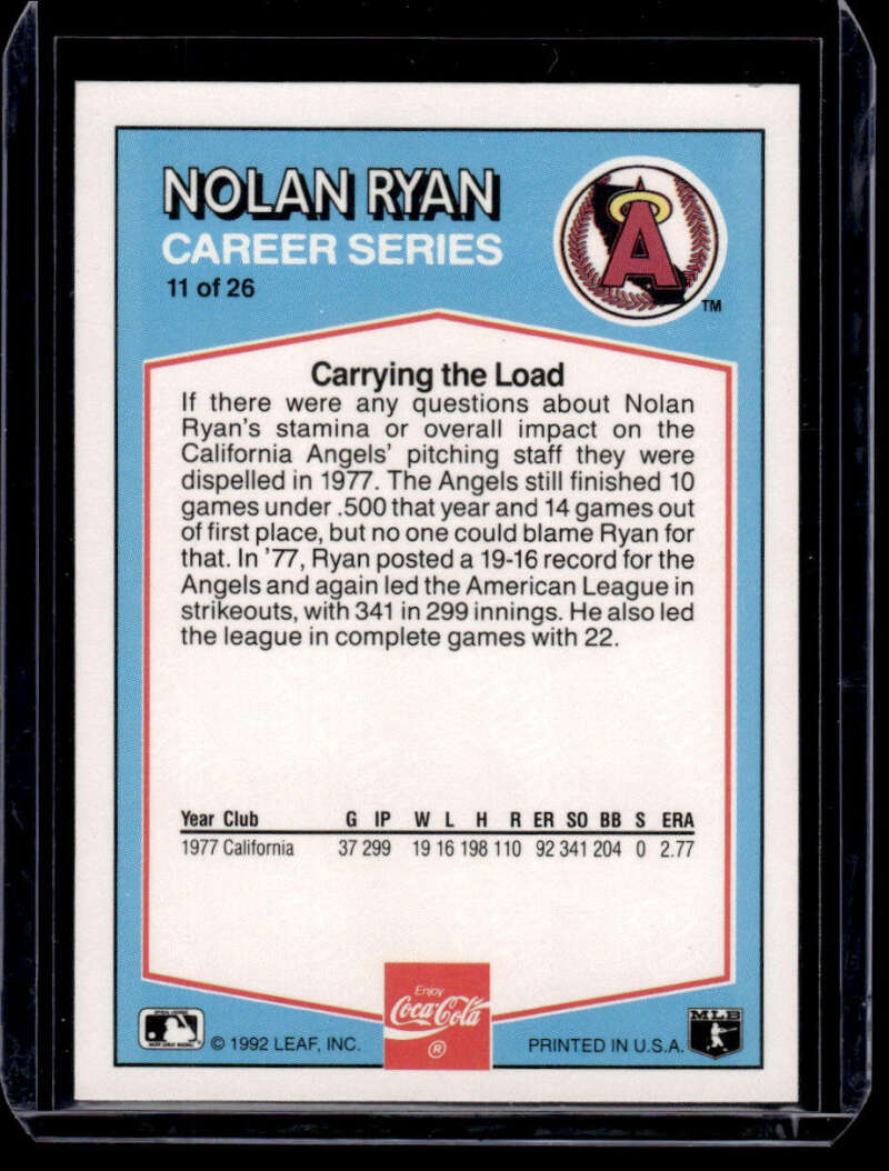 Nolan Ryan California Angels baseball card showcasing statistics from the Carrying the Load series