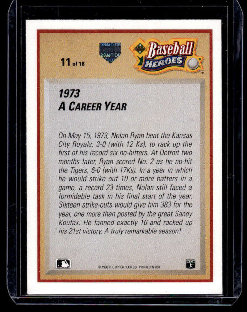 Baseball card back detailing Nolan Ryan’s 1973 season with California Angels Upper Deck