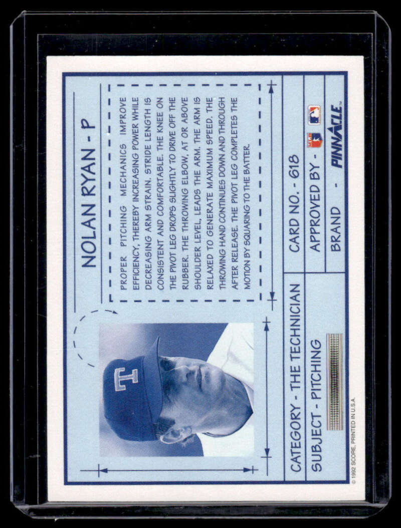 Baseball card of Nolan Ryan in blue cap, Texas Rangers 1992 Pinnacle #618