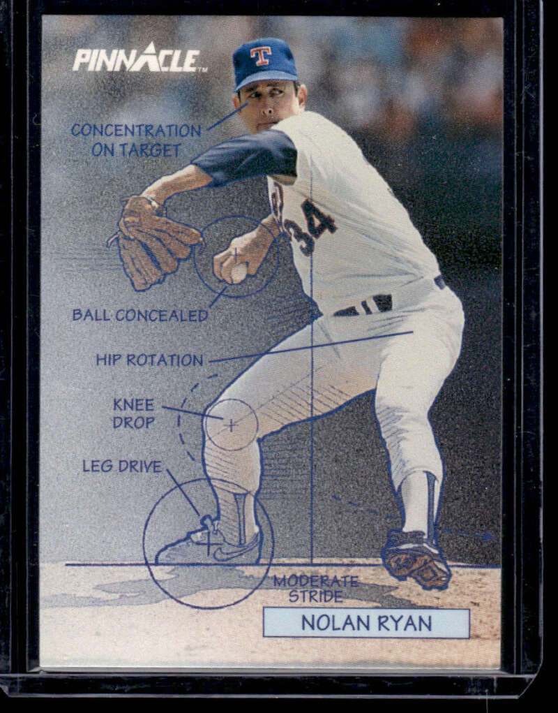 Baseball card of Nolan Ryan with pitcher mechanics for Texas Rangers displayed