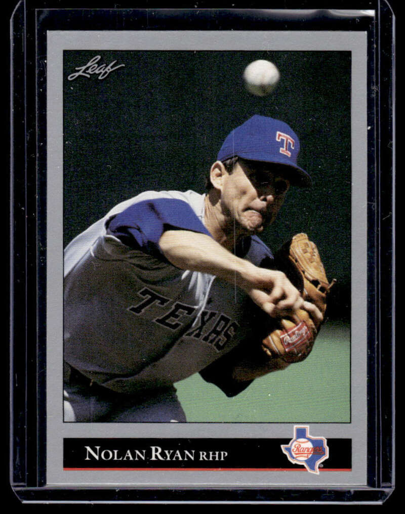 Nolan Ryan Texas Rangers pitcher baseball card in mid-delivery wearing blue cap