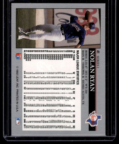 Nolan Ryan Texas Rangers baseball card featuring player in dark blue uniform at bat