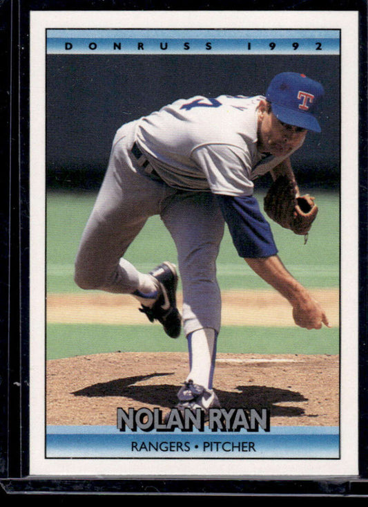 1992 Donruss Nolan Ryan Texas Rangers pitcher baseball card in mid-delivery