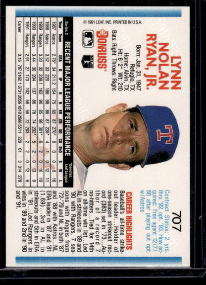 Nolan Ryan Texas Rangers baseball card with blue cap and T logo from 1992 Donruss