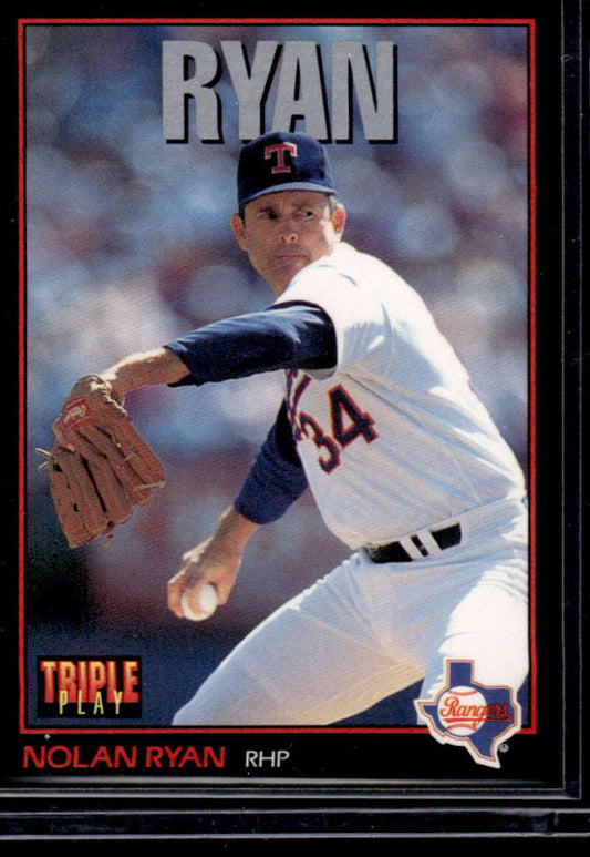 Nolan Ryan Texas Rangers pitcher in mid-throwing motion on baseball card