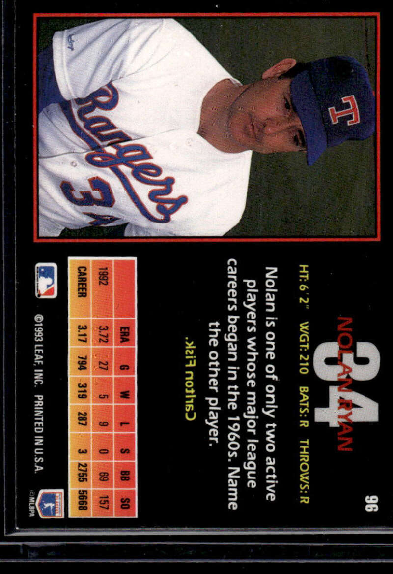 Nolan Ryan Texas Rangers baseball card in white uniform and blue cap from 1993 Triple Play