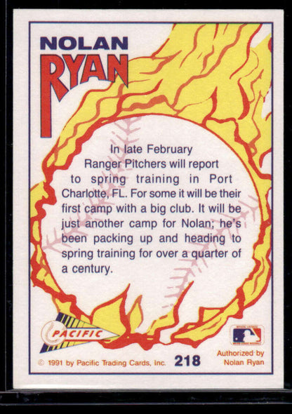 Nolan Ryan 1992 Texas Rangers Spring Training baseball card with flame design elements