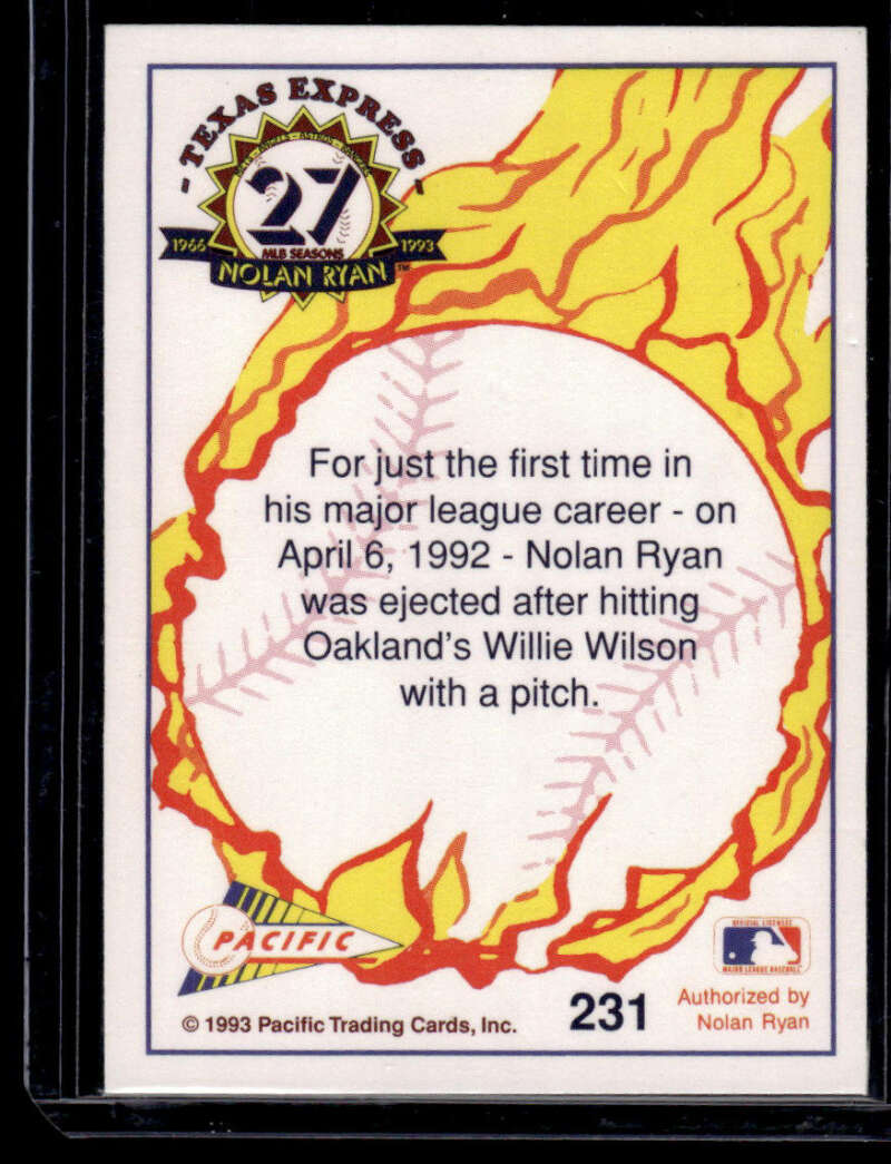 Nolan Ryan’s ejection fact featured on 1993 Pacific Texas Express Baseball Card for Texas Rangers