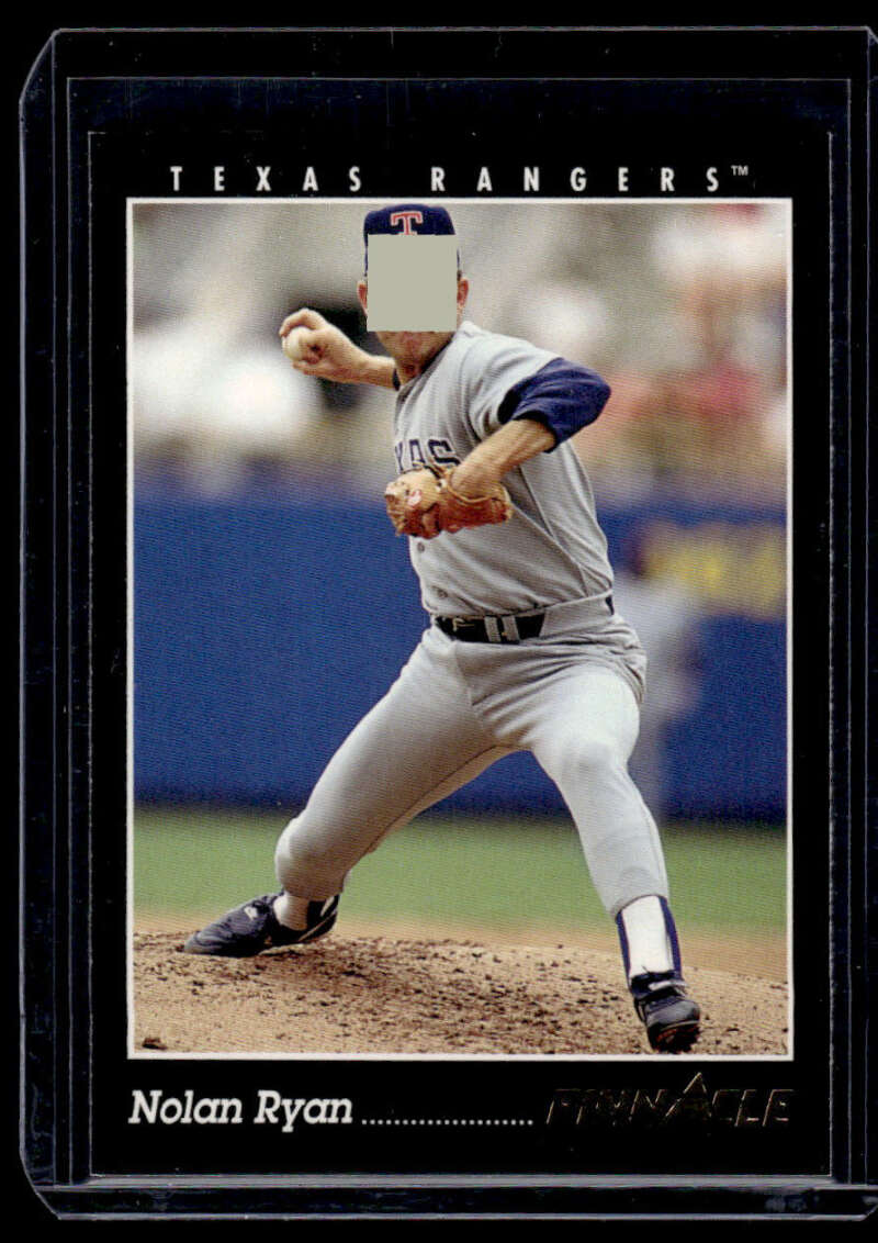 Baseball card of Nolan Ryan pitching in gray Texas Rangers uniform mid-delivery