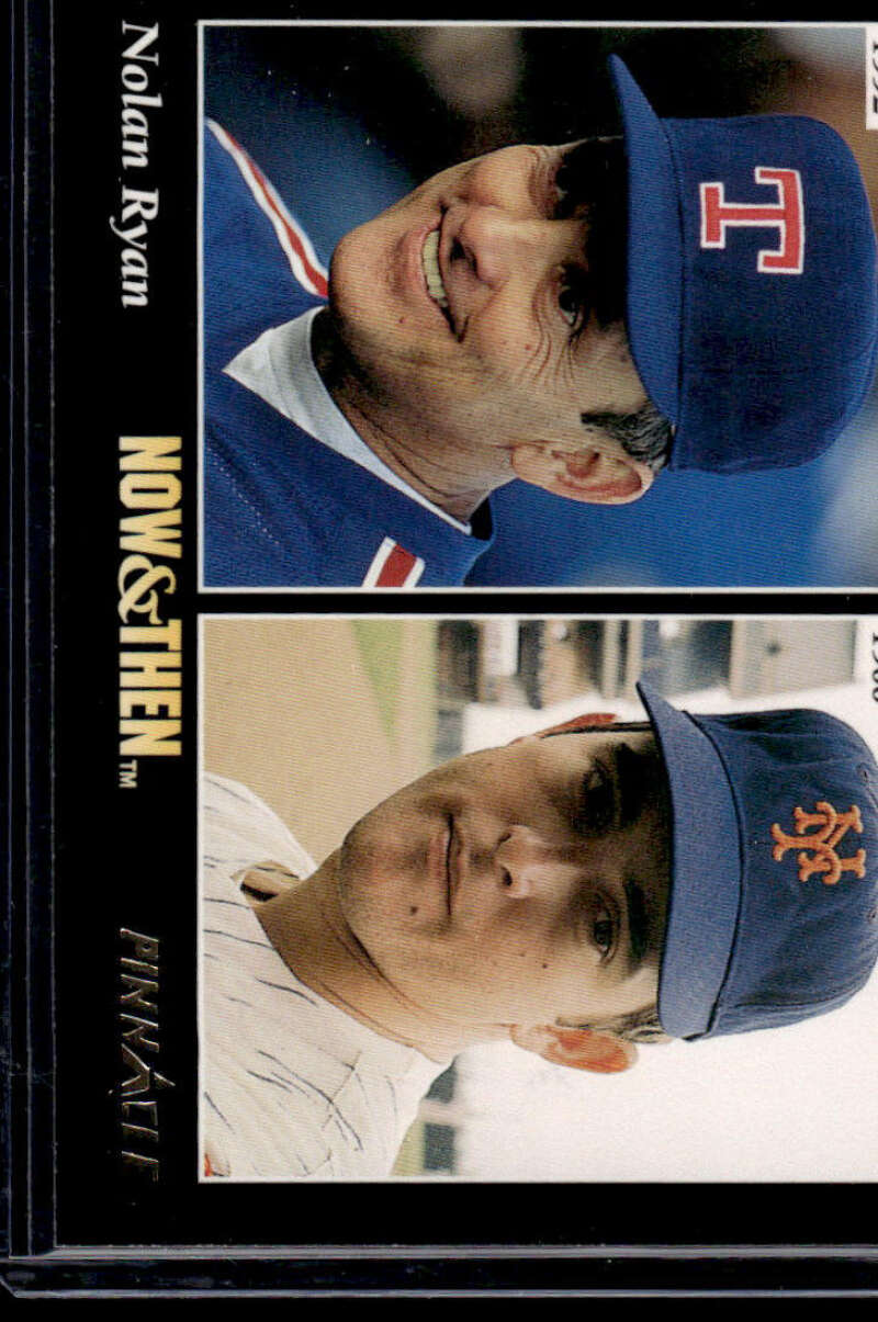 Baseball card featuring Nolan Ryan in Texas Rangers and New York Mets caps