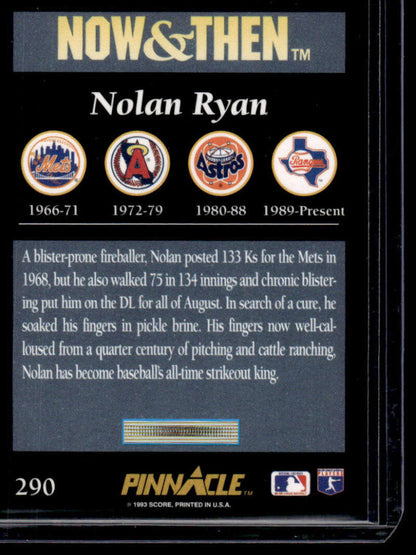 Baseball card featuring Nolan Ryan’s career timeline with Texas Rangers and New York Mets logos