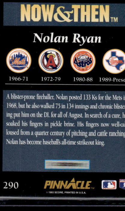 Nolan Ryan baseball card featuring Texas Rangers and New York Mets logos, 1966-1989 timeline