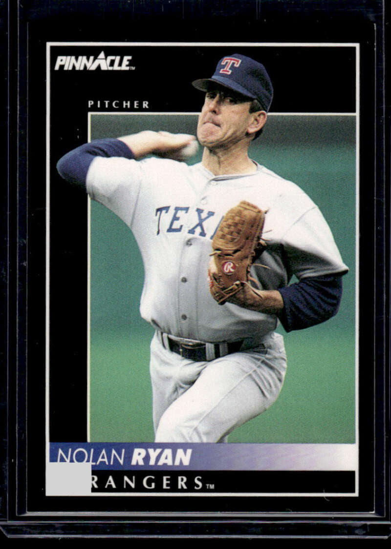 Baseball card of Nolan Ryan, Texas Rangers pitcher in mid-throwing motion