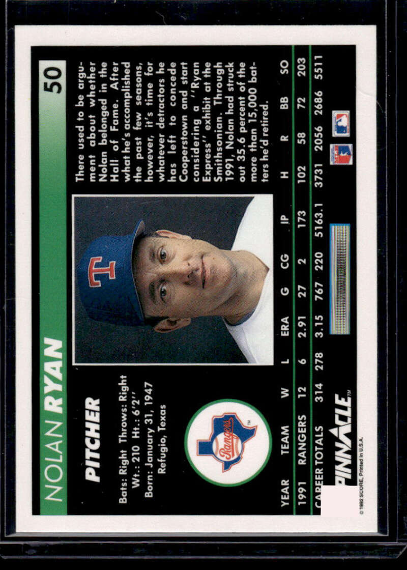 Nolan Ryan Texas Rangers baseball card featuring player in blue cap and white uniform