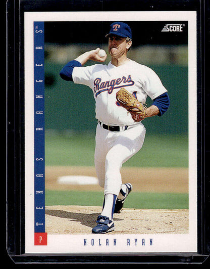 Baseball card of Nolan Ryan pitching for Texas Rangers in white home uniform