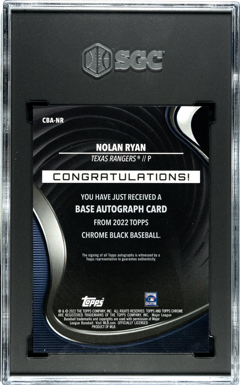 Back of 2022 Topps Chrome Black Nolan Ryan autograph card featuring Texas Rangers design