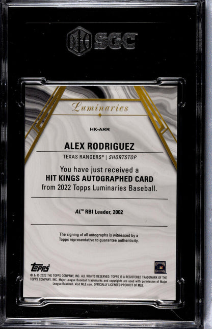 Back of 2022 Topps Luminaries Alex Rodriguez SGC 10 Texas Rangers Baseball Card