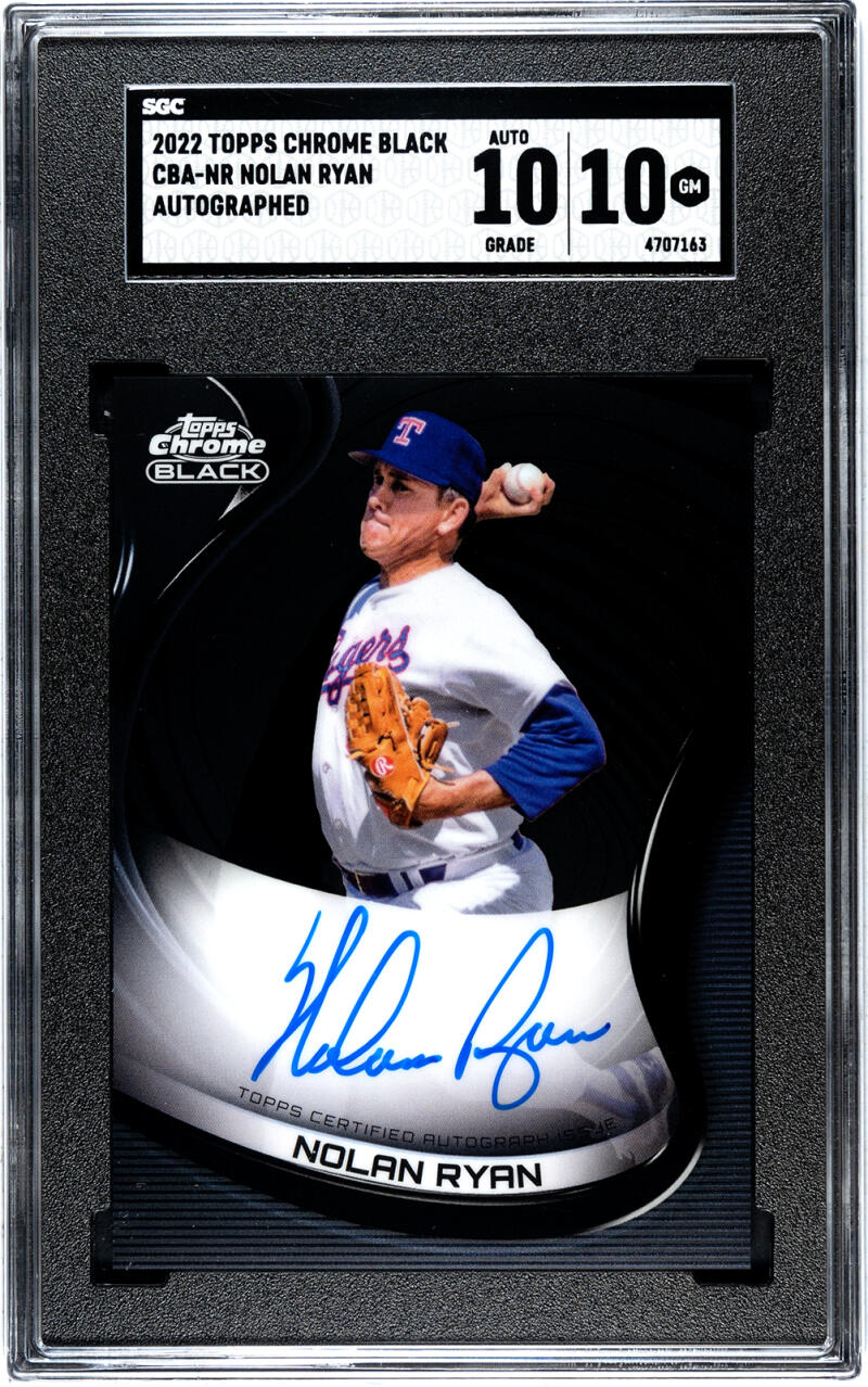 Graded 2022 Topps Chrome Black Nolan Ryan Texas Rangers baseball card with autograph