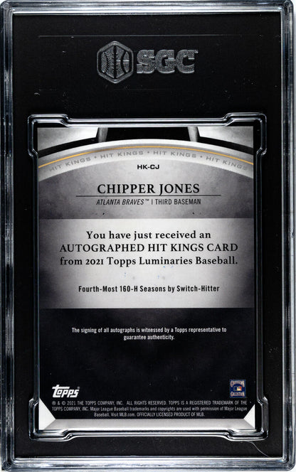 Back of a Chipper Jones Atlanta Braves baseball card in a protective case with certification