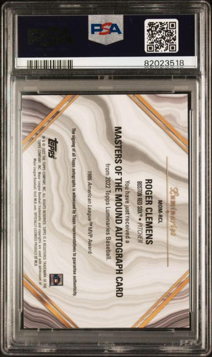 Back side of a PSA-graded 2022 Topps Luminaries Roger Clemens Boston Red Sox card