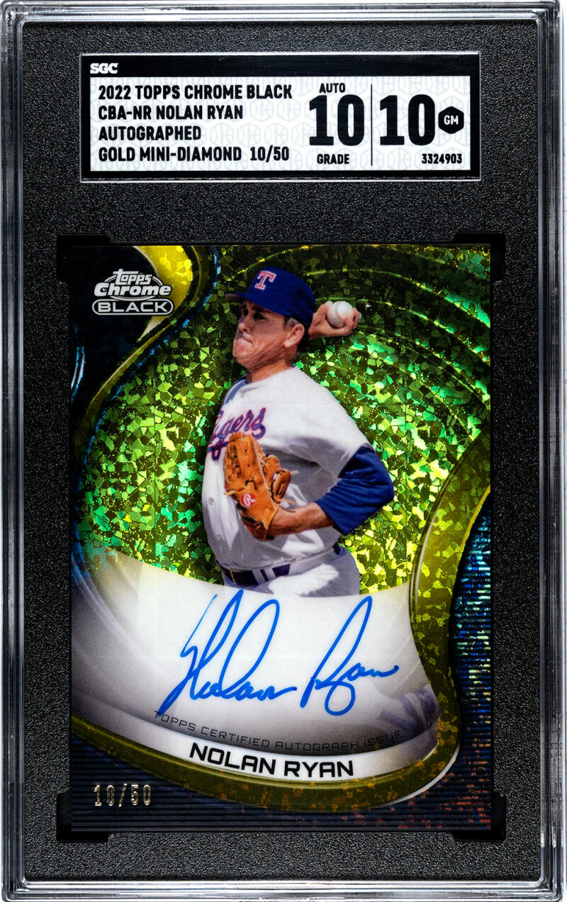 Graded Nolan Ryan Black Refractor Gold Baseball Card with Autograph on Green Background