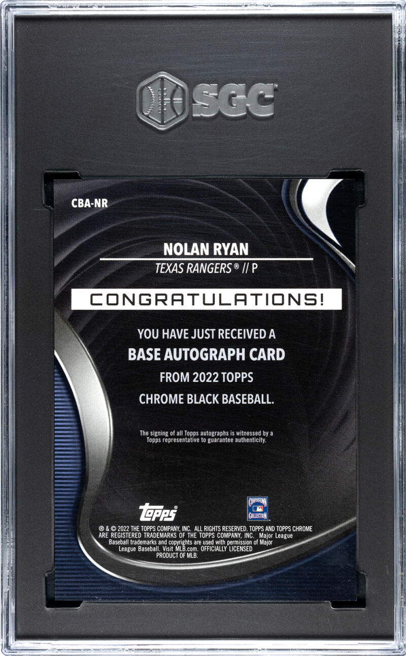 Back of 2022 Topps Chrome Black Refractor Gold Nolan Ryan Autograph Card in case