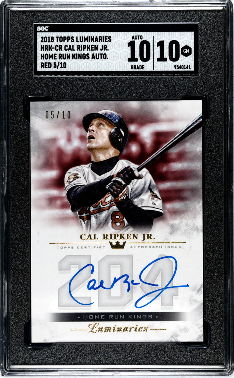 2018 Topps Luminaries Home Run Kings Red #HRK-CRJ Cal Ripken Jr. SGC 10 Gem Auto 5/10 Baltimore Orioles Baseball Card Image 1