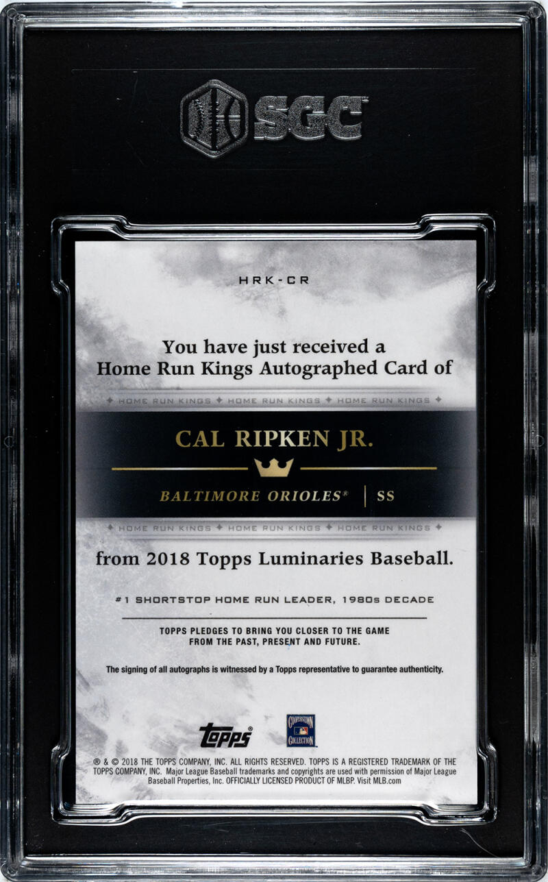 2018 Topps Luminaries Home Run Kings Red #HRK-CRJ Cal Ripken Jr. SGC 10 Gem Auto 5/10 Baltimore Orioles Baseball Card Image 2