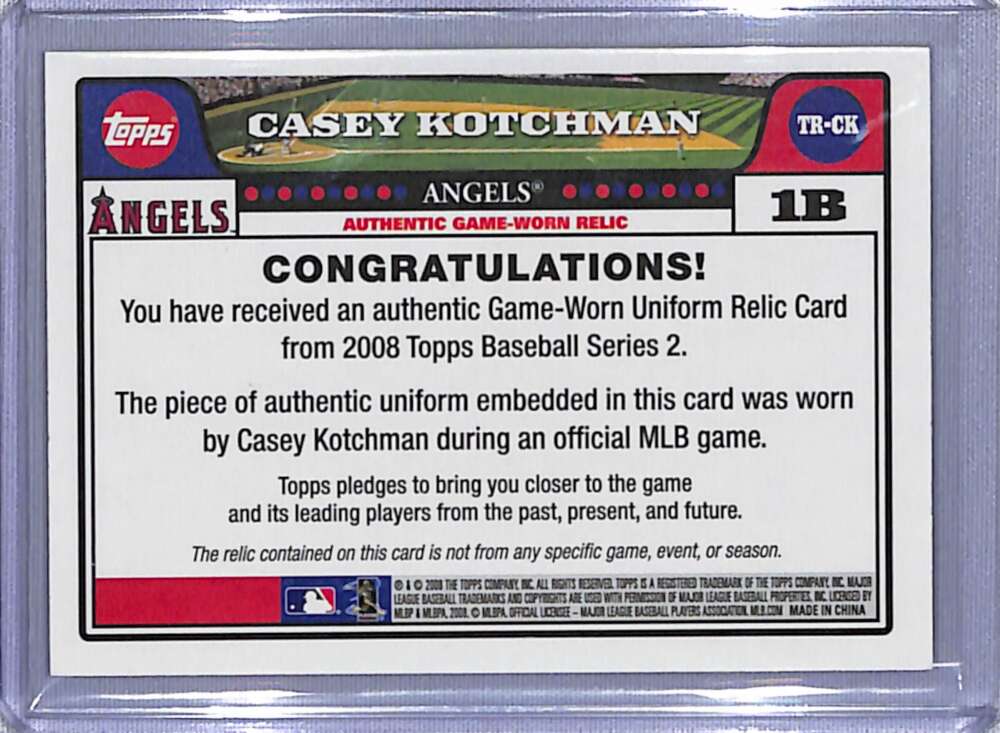 Game-worn uniform relic card from 2008 Topps featuring Casey Kotchman, Los Angeles Angels