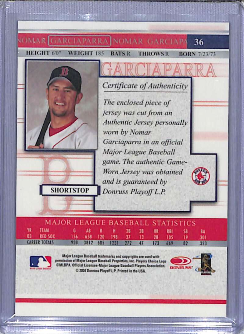 Baseball trading card of Nomar Garciaparra in uniform with Red Sox certificate of authenticity