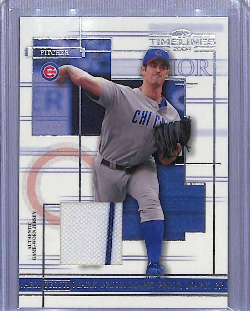 Baseball card of Mark Prior in gray Cubs uniform with jersey patch, 2004 Donruss Timelines