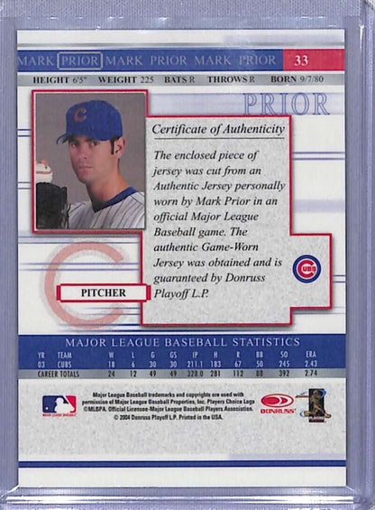 Baseball card of Mark Prior, Chicago Cubs pitcher, with certificate of authenticity